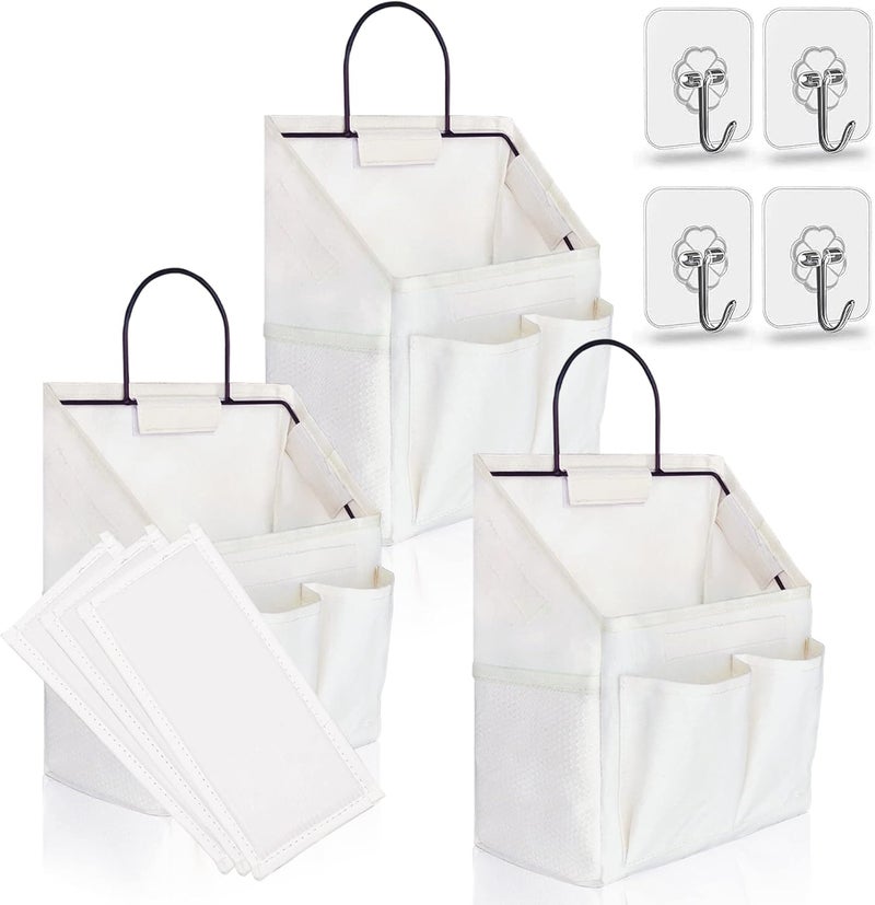 Kanrichu 3pcs Small Wall Hanging Organizer Bag, Linen Fabric Door Hanging Storage Basket with Pockets, Waterproof Bin for Kitchen, Bedroom, Office, RV Camper (White) - Image 1